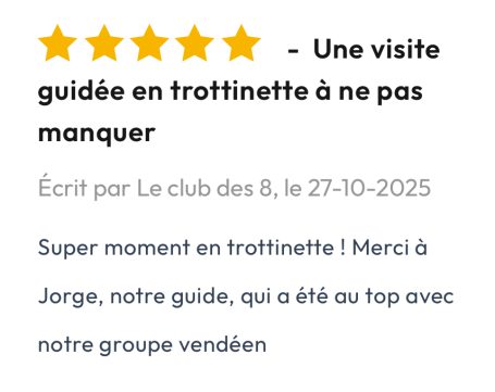 Évaluation de cinq étoiles pour une visite guidée en trottinette, avec des remerciements au guide.